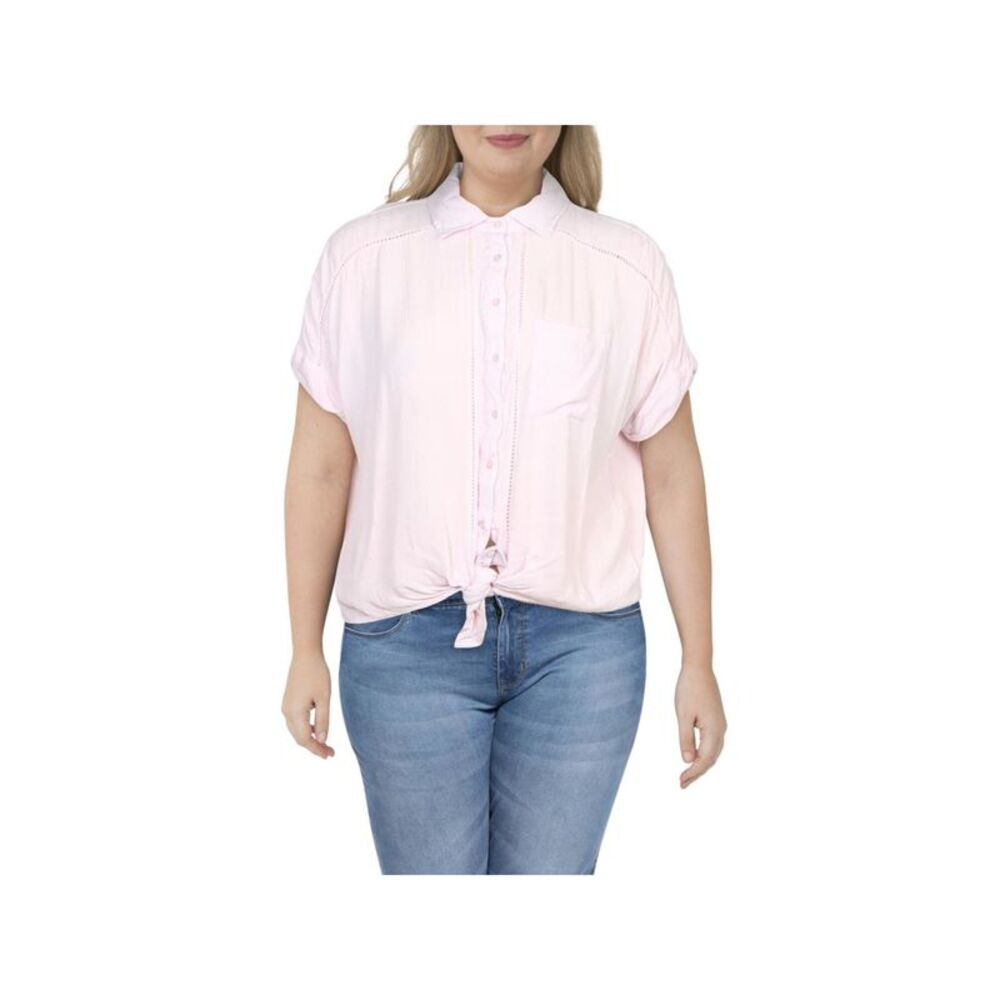 PLANET GOLD Womens Top Button Up Pink Short Sleeve Collared Tie Front Juniors L